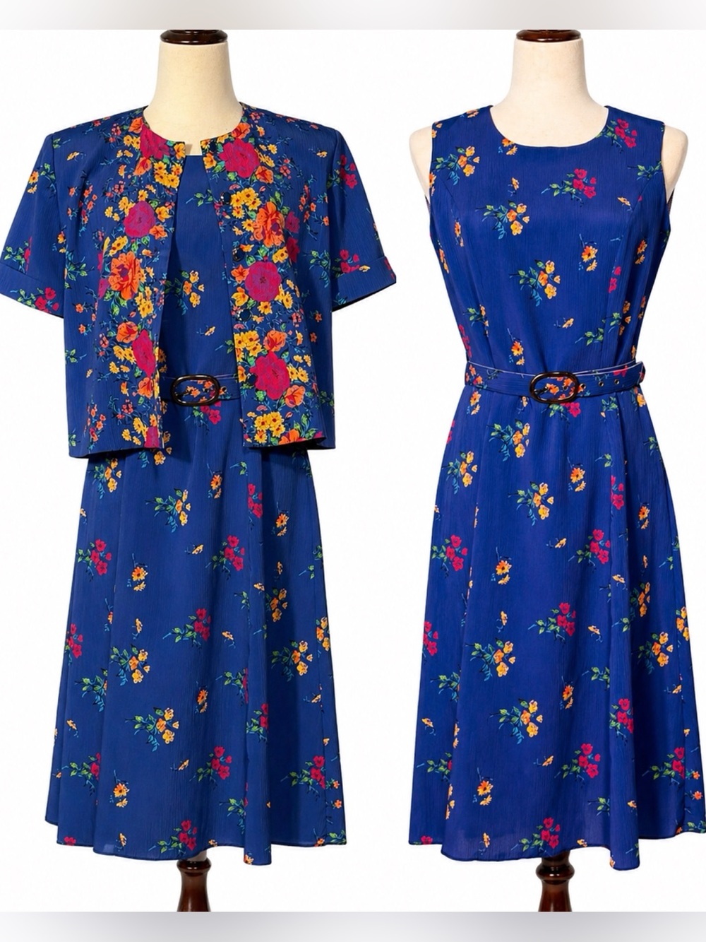 Vintage skirt set, Cobalt blue, gold belt buckle, turquoise buttons- 8P